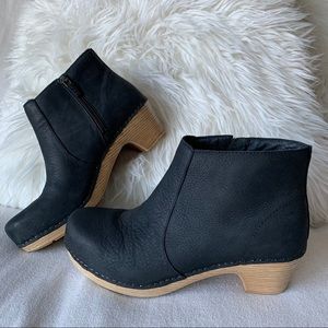 Dansko Black Leather Ankle Booties with Wood-Tone Clogs